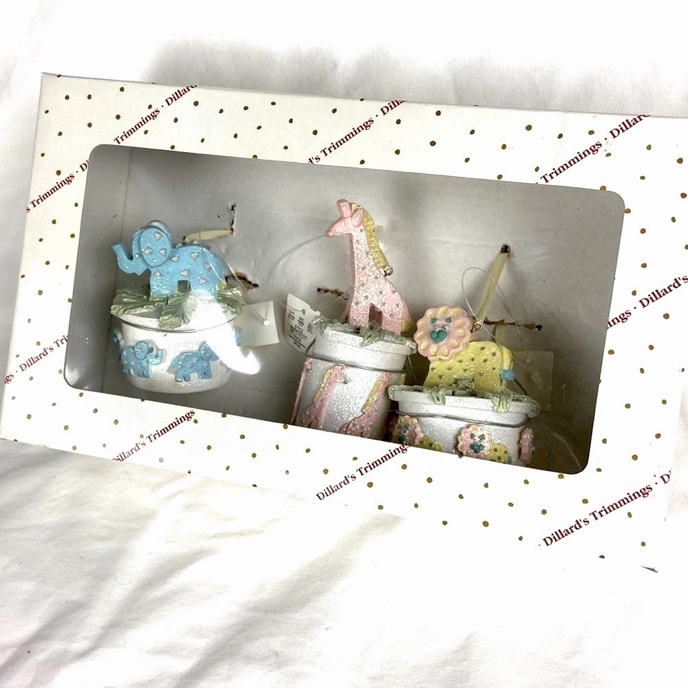 Vintage boxed set 3 Circus Zoo Animal glittered ornaments baby’s 1st Christmas